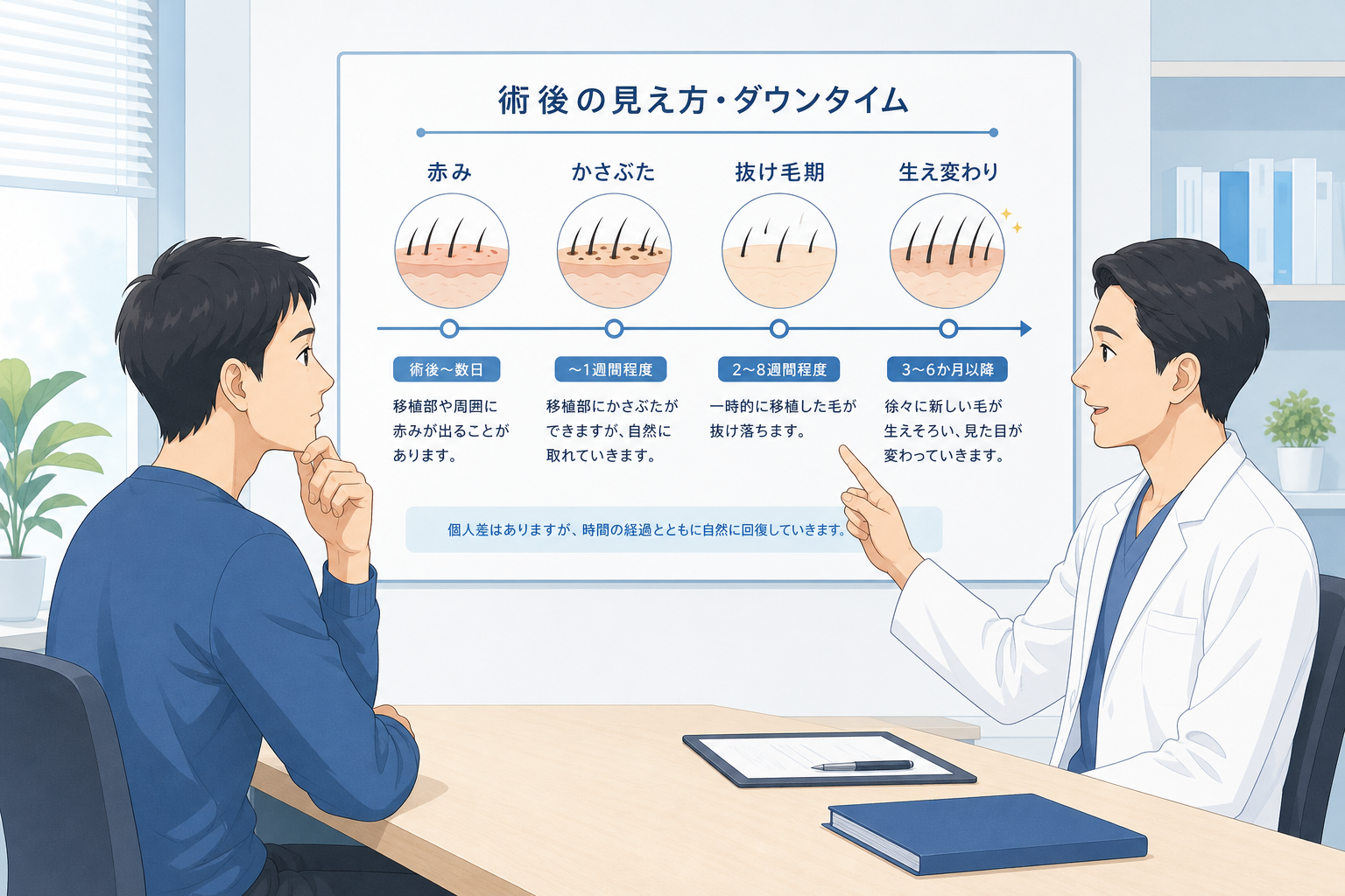 自毛植毛の術後ダウンタイムと見え方についてカウンセリングで確認する様子（イメージ）