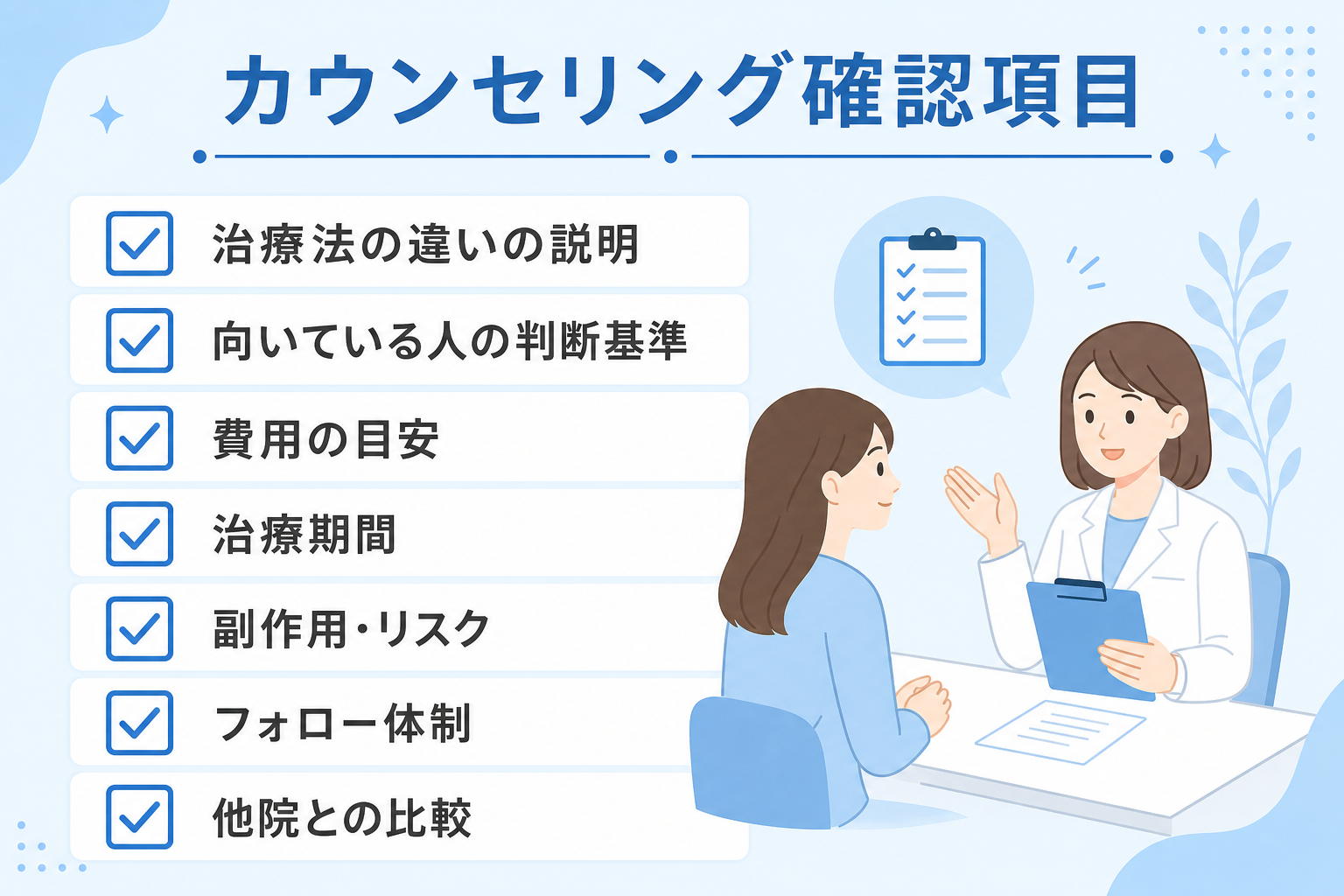 自毛植毛とAGA治療を選ぶ際のカウンセリング確認項目チェックリスト（イメージ）