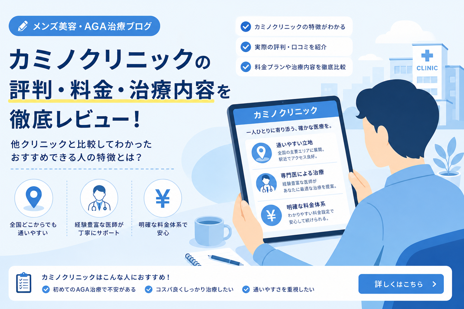カミノクリニックの特徴と費用を比較検討するイメージ
