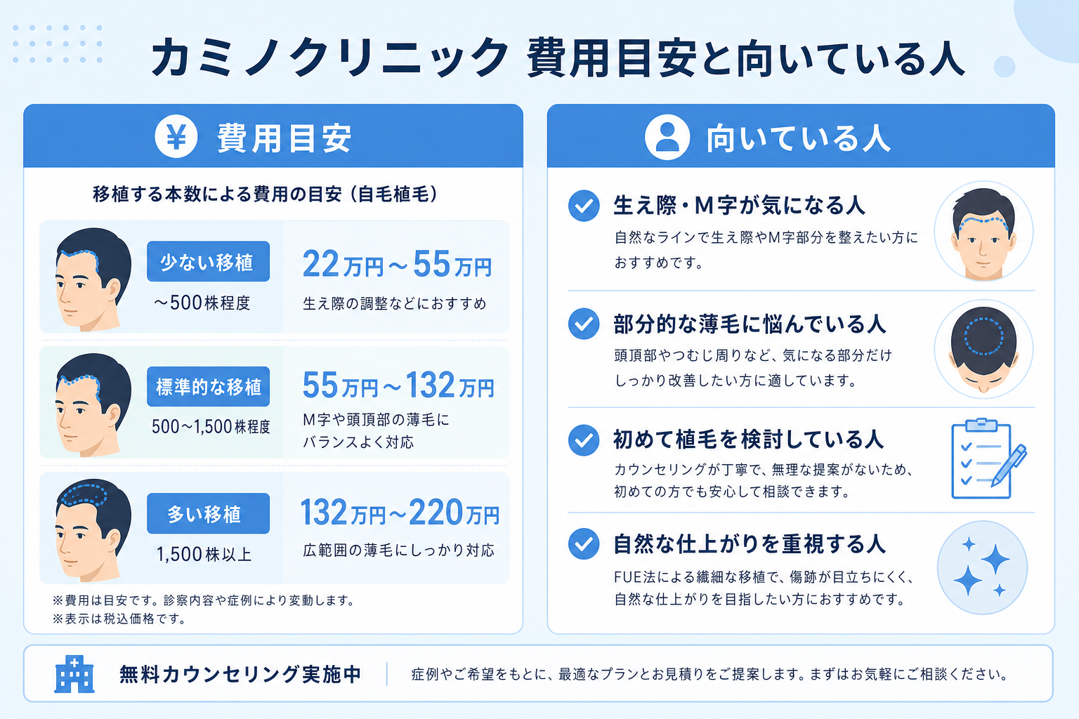 カミノクリニックの費用目安と向いている人比較表（イメージ）