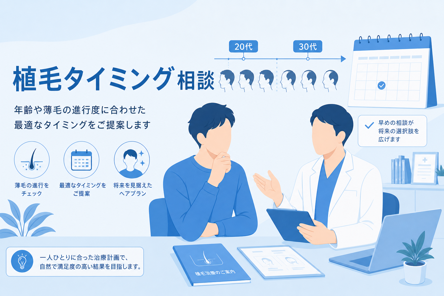 20代30代の自毛植毛タイミングをカウンセリングで相談するイメージ